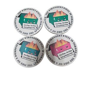 Set Of 4 Funny Dumpster Fire Cork-Backed Coasters - The Strongest Steel Is Forge